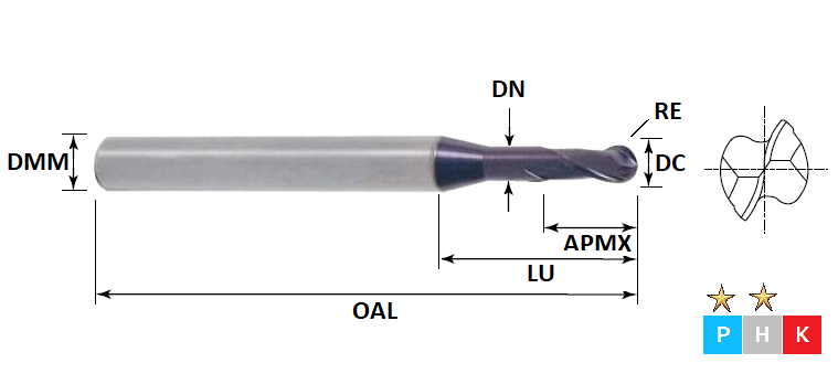 2.0mm 2 Flute (20mm Effective Length) Ball Nose Rib Processing Pulsar Carbide Slot Drill
